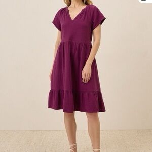 Pact Organic Cotton Coastal Double Gauze Tiered Breezy Dress Sangria Purple S